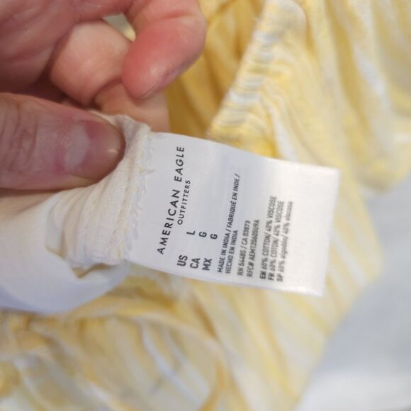 American Eagle Romper Size L Butter Yellow White Striped Off Shoulder Tassels - Picture 7 of 11